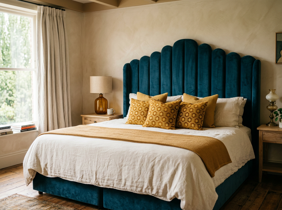 Hotel bed with a blue velvet headboard
