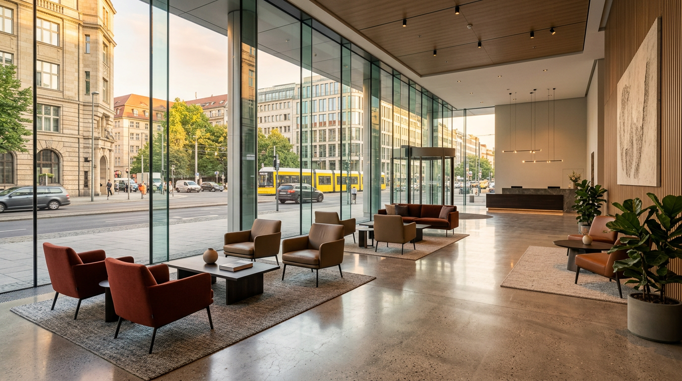Hotel lobby with glass walls and rust-red lounge chairs